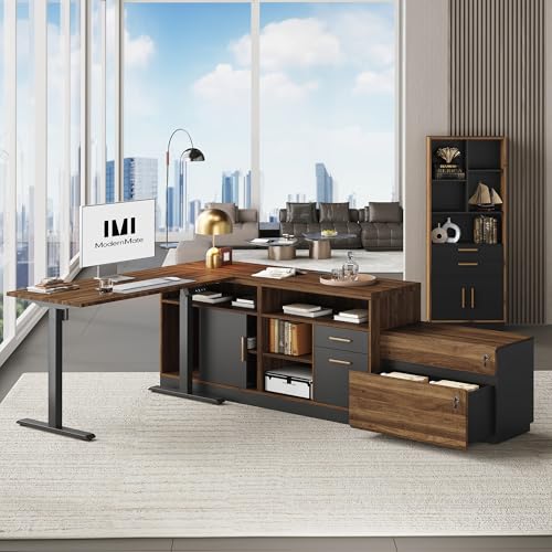 67-Inch L-Shaped Standing Desk with Bookshelf and File Cabinet