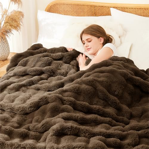 Faux Rabbit Fur Throw Blanket, 50x60 Inch Cocoa Brown Bubble Plush Throw