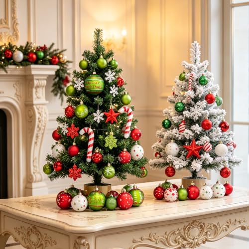 Suphan 51-Piece Christmas Ornaments Set – Red Green White Shatterproof Balls & Candy Canes