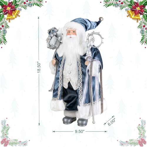 Glitzhome 18-inch Blue Santa Claus Figurine with Porcelain Face & Velvet Robe – Deluxe Faux Fur Holiday Decor