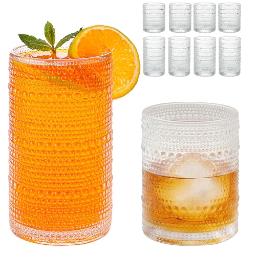 Vintage Hobnail Drinking Glasses Set, 8-Piece Embossed Clear Glass Tumblers