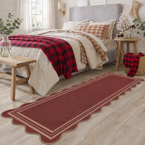 LORWER 2' x 6' Red Scalloped Christmas Runner Rug, Non-Slip Indoor/Outdoor Farmhouse Entryway