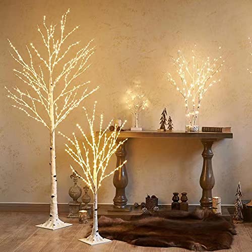 4FT Lighted Birch Tree with 200 Warm White LED Lights for Indoor Outdoor Decor