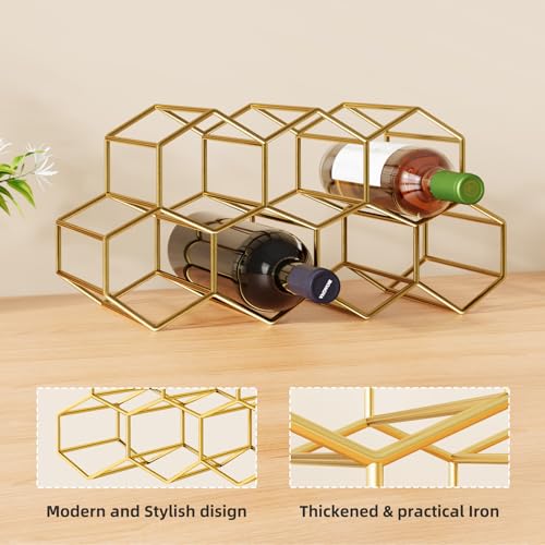 9-Bottle Gold Countertop Wine Rack - Modern Metal Geometric Wine Storage