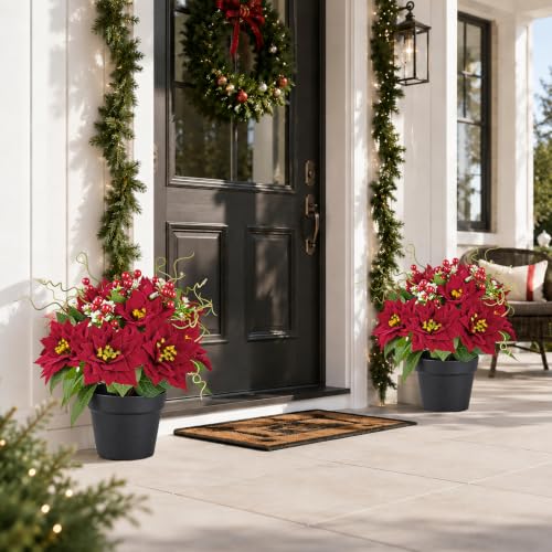 Red Artificial Poinsettia Plants in Pot, 15-Inch Fake Christmas Flowers, 2 Pack