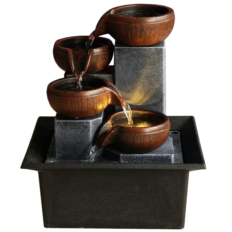 4-Tier Indoor Desktop Fountain with Warm LED Lights and Adjustable Pump