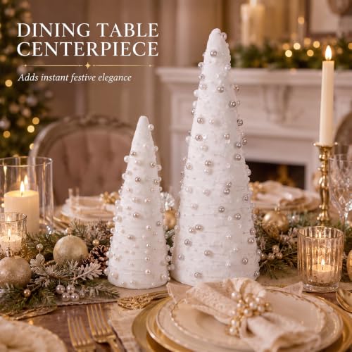 2 Sets Pearl Mini Christmas Tree Decorations - 2 Sizes, Elegant Tabletop Holiday Decor
