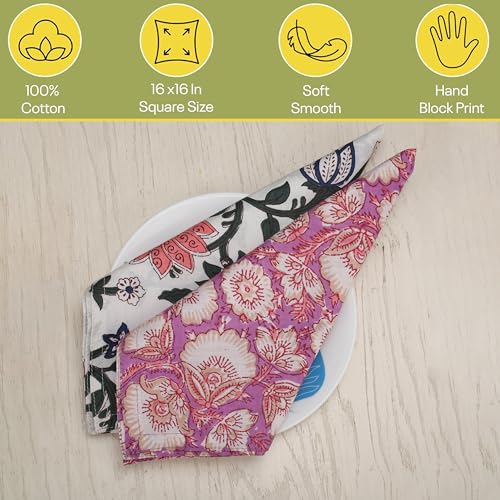 10-Piece Hand Block Print Cotton Napkins, Floral Table Linens 16x16 Inch