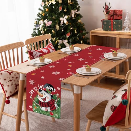 Bonhause Red Snowman Christmas Table Runner 13x90 Inch - Holiday Kitchen Decor (Variation: Red Snowman-2)