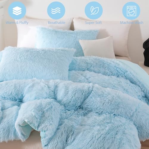 3-Piece Twin Faux Fur Comforter Set - Soft Fluffy Bedding in Light Blue