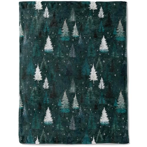 Ainori Christmas 50x60 Inch Snowy Tree & Forest Throw Blanket - White, Green, Blue Flannel Winter Decor