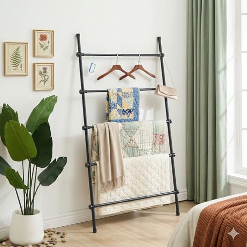 Expandable Blanket Ladder, 5.4 Ft Metal Quilt Holder Rack, Black
