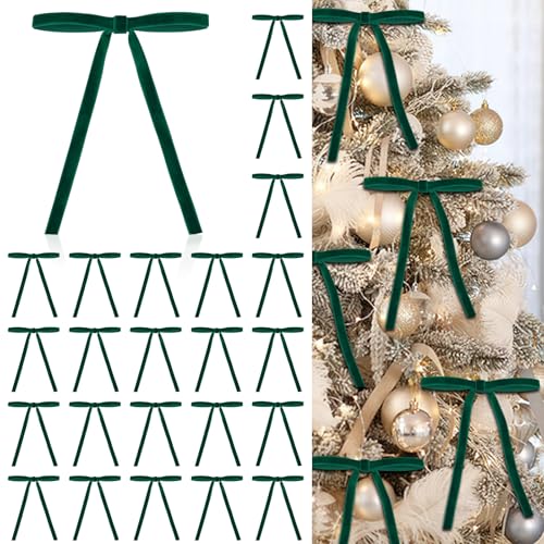Babycop Dark Green Velvet Bows for Christmas Tree - 24 Pack Holiday Ornaments