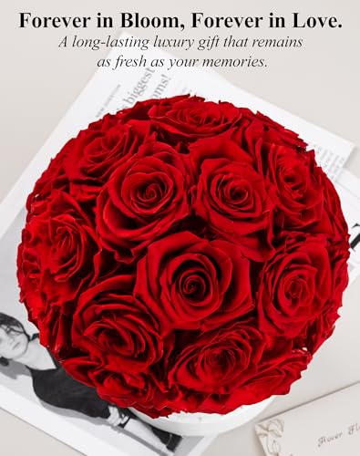 Hover Flower 18-Piece Red Dome Preserved Roses - Real 2-Year Lasting Bouquet in Gift Box