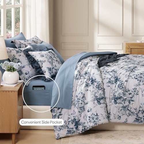 Queen Comforter Set 7-Piece - Blue Floral Soft Bed in a Bag with Sheets