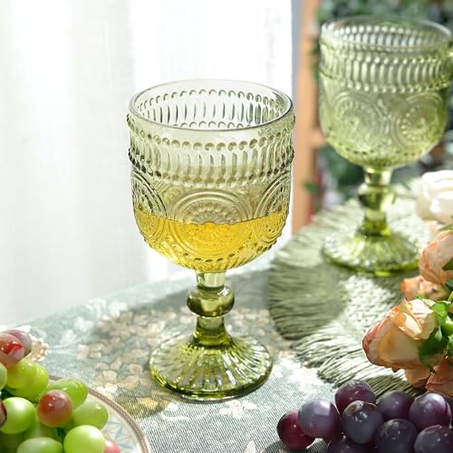 Vintage Sunflower Embossed Wine Goblets - 12 oz Green Stemmed Glassware (Set of 4)