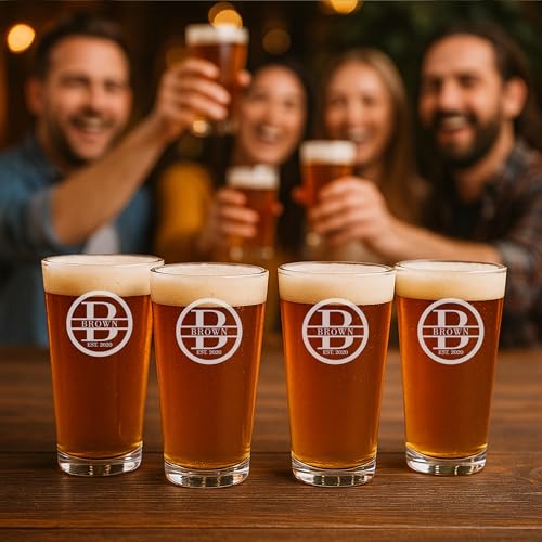 Custom Engraved Pint Glasses - Personalized Set of 4 Beer Glasses