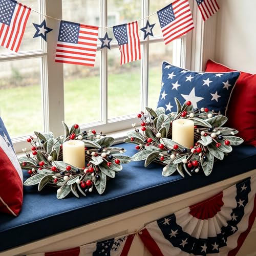 Patriotic 4th of July Candle Ring Wreaths for Pillar Candles, Set of 4