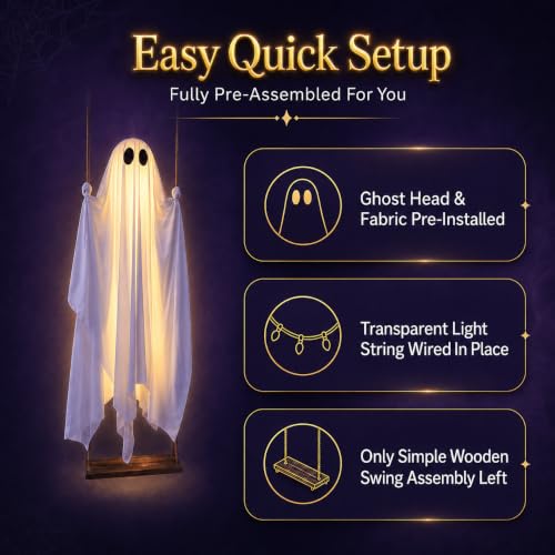 5ft Hanging Swing Ghost Halloween Outdoor Decoration with Remote Lights