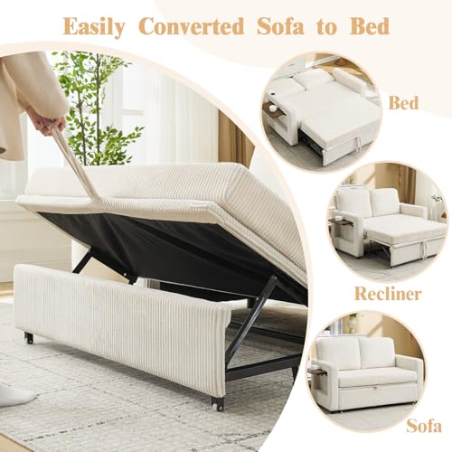 3-in-1 Convertible Chenille Loveseat Sleeper Sofa with Foldable Side Table