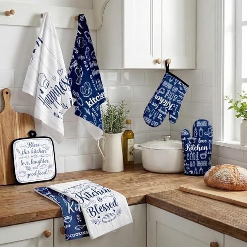 8-Piece Navy Blue Kitchen Decor Set: Dish Towels, Oven Mitts, Pot Holders