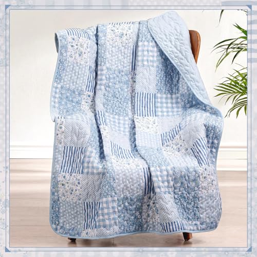 Blue Floral Patchwork Throw Blanket 50" x 60" Reversible Quilt