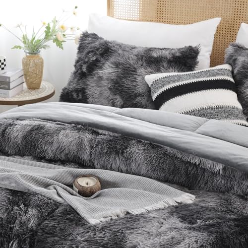Fluffy Faux Fur King Comforter Set - 3-Piece Plush Tie-Dye Grey Bedding Set