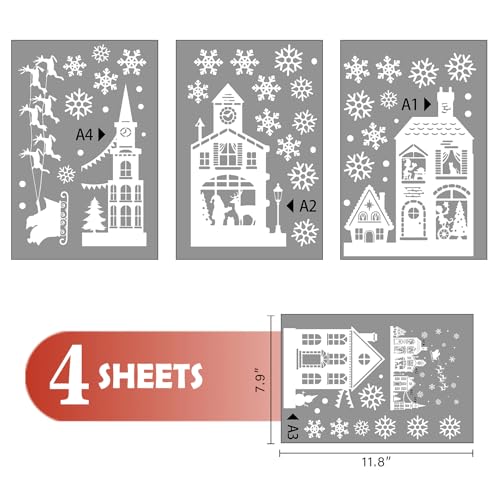 Mfault Christmas White House Window Clings - Santa Claus & Reindeer, 4 Sheets Holiday Decor