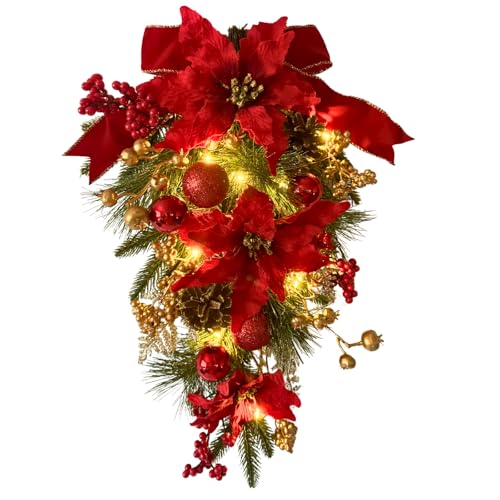 Pre-Lit Artificial Christmas Teardrop Swag with Poinsettias and Pinecones