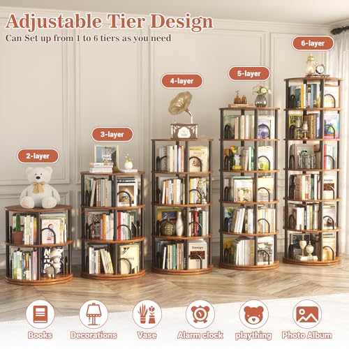 6-Tier Rotating Bookshelf, 360° Spinning Tower Bookcase for Small Spaces