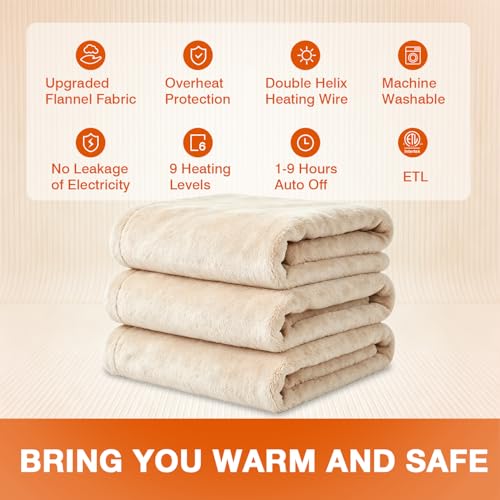 Soft Flannel Electric Heating Blanket - 50"x60", 9 Heat Levels, Auto Off, Machine Washable, Beige