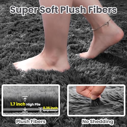 8x10 Grey Shag Area Rug, Ultra Soft Plush Carpet with Memory Foam Backing