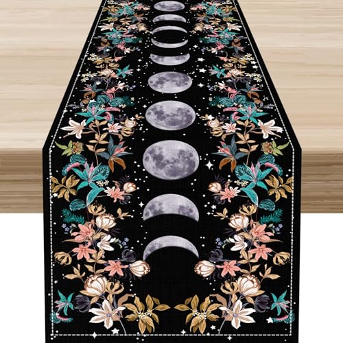 Drapeloft 13x36 Inch Boho Floral Moon Table Runner with Spring Flower Leaves - Seasonal Home Decor