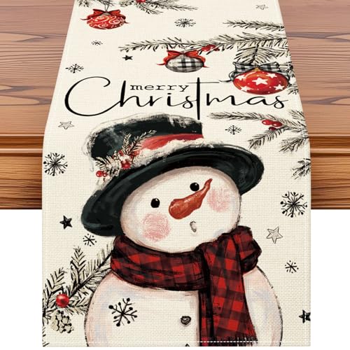 OTOSTAR Christmas Table Runner 13x120 Inch Snowman Pine Red Holiday Farmhouse Decor