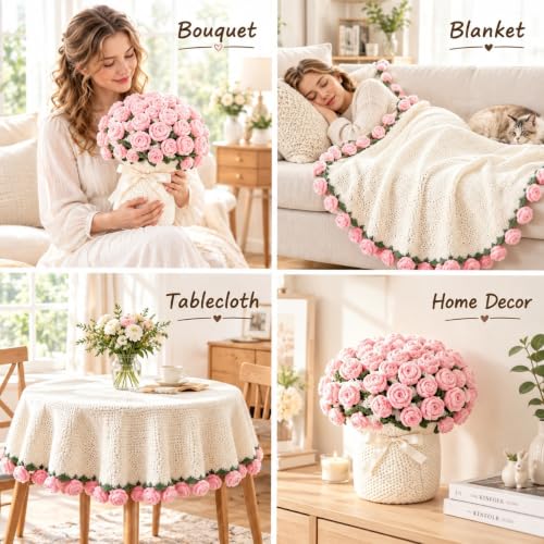 Pink Crochet Rose Bouquet Throw Blanket - Handmade Knit 43in by VORPVAOE
