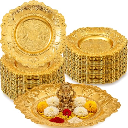 12 Pack 3.9 Inch Gold Metal Pooja Thali Plates Embossed Decorative Trays