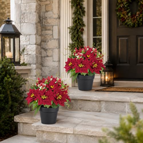 Red Artificial Poinsettia Plants in Pot, 15-Inch Fake Christmas Flowers, 2 Pack