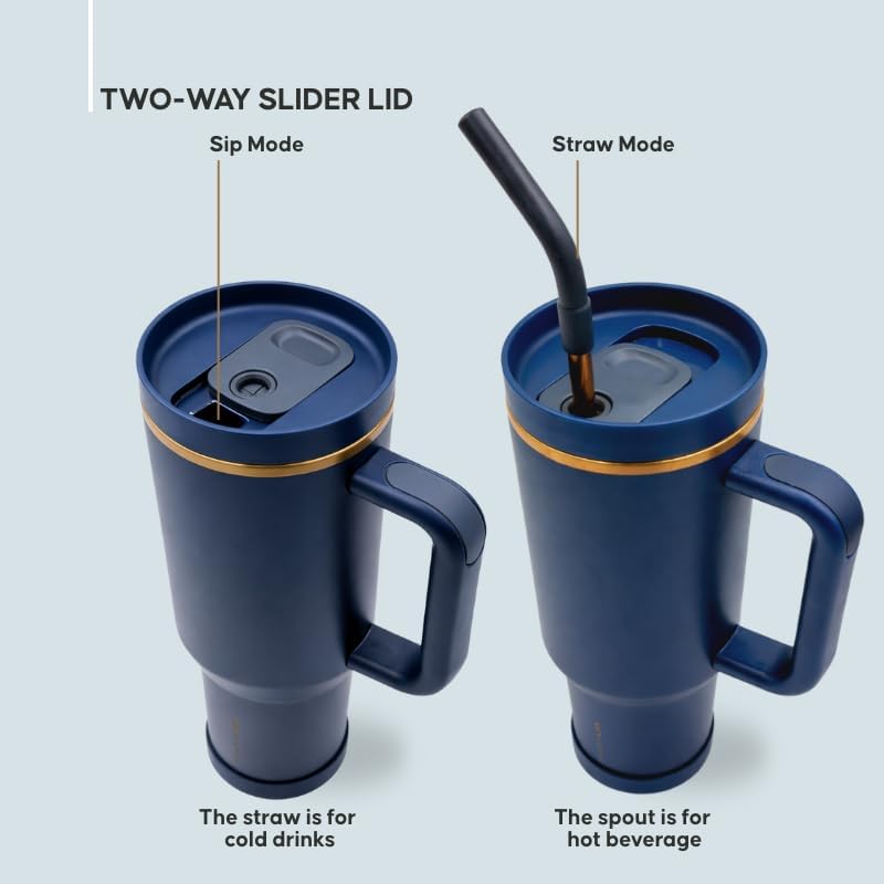 Skiennix 40oz Travel Tumbler Cup - Vacuum Insulated Water Bottle with Handle & Slider Lid | Blue Gold
