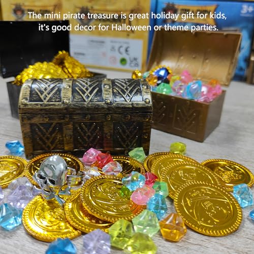 Kids Pirate Treasure Chest Toy Set with Gold Coins, Gems, and Ring
