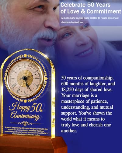 50th Wedding Anniversary Crystal Clock with LED Wooden Light Base