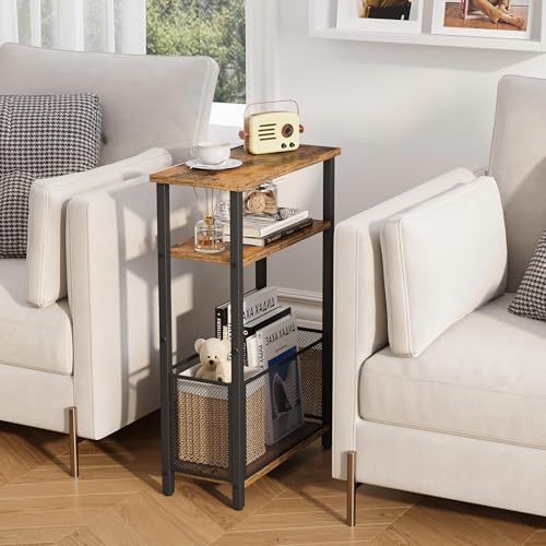 3-Tier Slim Side Table with Storage Basket, Rustic Brown Narrow End Table
