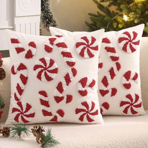 Tosleo Christmas Candy Cane Throw Pillow Covers 18x18in Set of 2, Red Xmas Embroidered Cushions