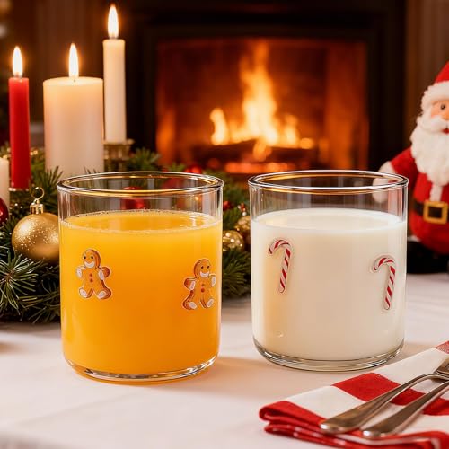 Sel Natural Christmas Icon Glasses Set - 4 pcs 14 oz Holiday Drinkware with Snowflake, Candy Cane, Gingerbread, Tree Designs