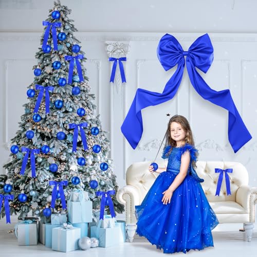 Gejoy Blue Bow 47" x 15.7" Christmas Tree Topper Bow Set with Ornaments
