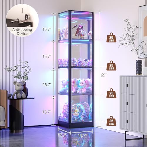 68-Inch Corner Display Cabinet with RGB Lights and Glass Doors