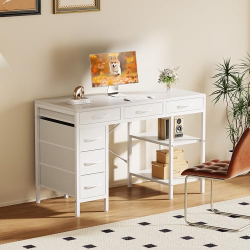 47-Inch Computer Desk with 6 Fabric Drawers & Storage Shelves - White