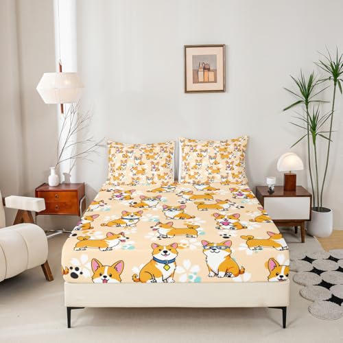 Homewish Wws9405 Full Corgi Sheet Set - Kids Cartoon Dog Paw Bedding, 4pcs