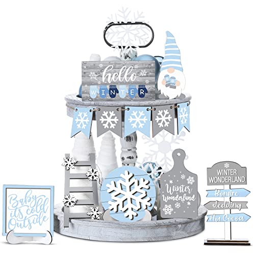 Yalikop 12-Piece Winter Tiered Tray Decor Set with Snowflake / Gnomes Style (Blue Gray) – Wood Signs