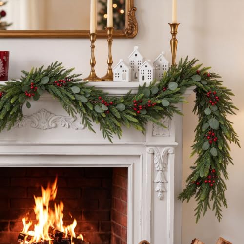 9ft Real Touch Norfolk Pine Christmas Garland with Cedar, Eucalyptus & Red Berries