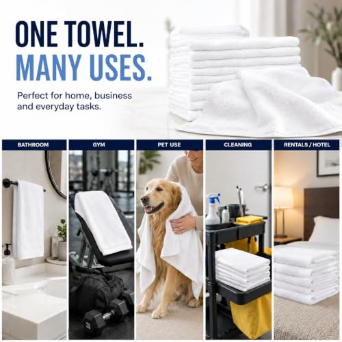 12-Pack White Cotton Bath Towels, 20x40 Lightweight Quick-Dry Utility Towels